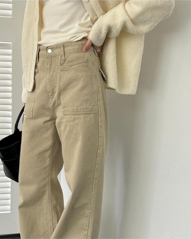 (쿠폰,무배) 그립 피그 카키베이지 데님 일자진 와이드핏 청바지