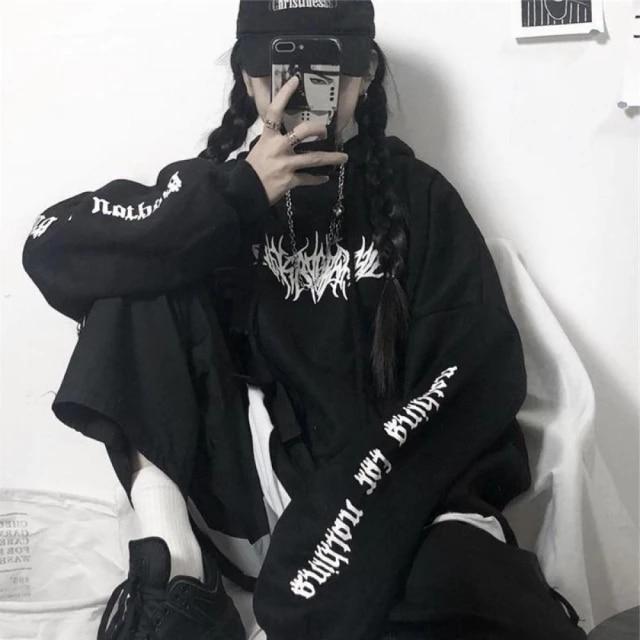 여성 느슨한 Streetwear 검은 스웨터 니트 후드 섹시한 인쇄 후드 패션 풀오버 긴 까마귀 여성 탑스 하라주쿠