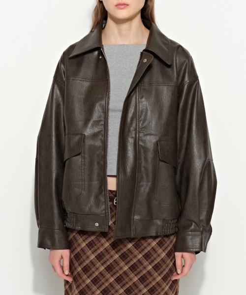 오버핏 레더 자켓 브라운