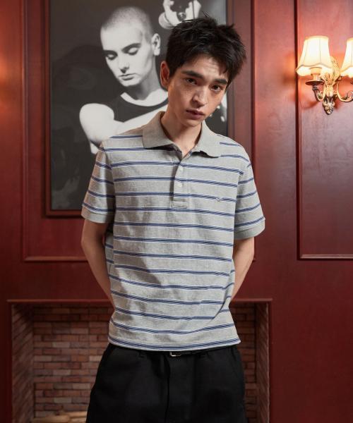 프리 라이드 크롭 피케 티셔츠_블루 스트라이프