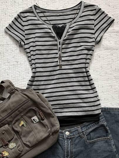 INAWLY 캐주얼하고 패셔너블한 여성용 스트라이프 버튼업 반팔 티셔츠