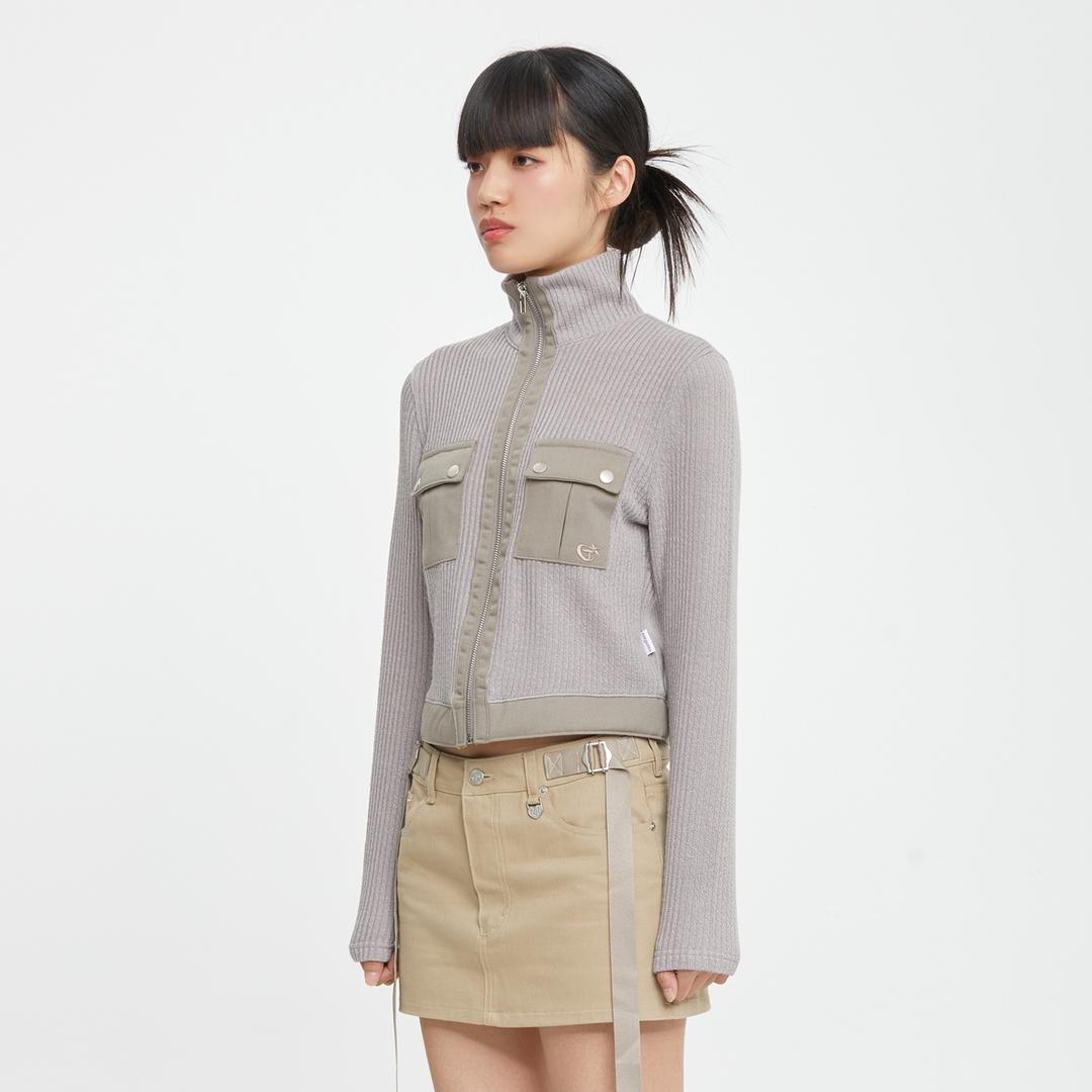 POCKET KNIT ZIP UP_DARK BEIGE