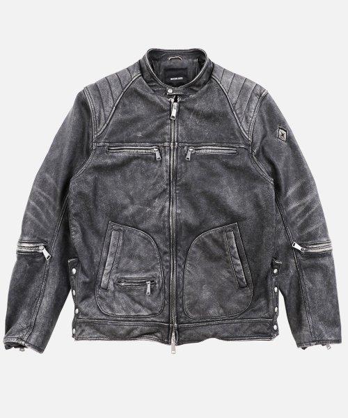 크랙 레더 레이싱 자켓 - 스모키 블랙