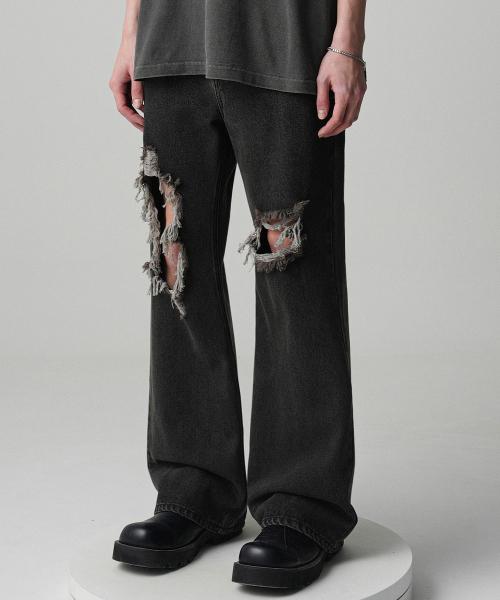 Minimal Bootscut Destroyed Denim Pants BLACK
