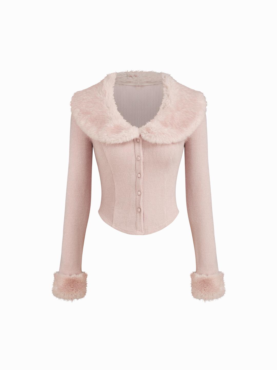 Faux Fur Collar Long Sleeve Rib Curved Hem Button Top