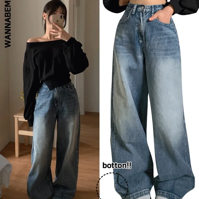 [진짜강추ㅠ🤎기장선택/~3XL] *끌림방지* 인생핏 워싱 와이드 데님 팬츠 스냅 버튼 투웨이 하이웨스트 청바지 롱 일자 벌룬핏 하의 빅사이즈 연청 중청 진청 흑청 4COL