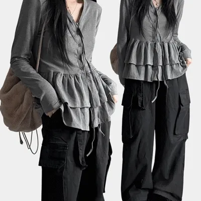 [레이어드/3일만할인🖤] 리본 끈 캉캉 프릴 레이어드 브이넥 가디건or티셔츠 블라우스