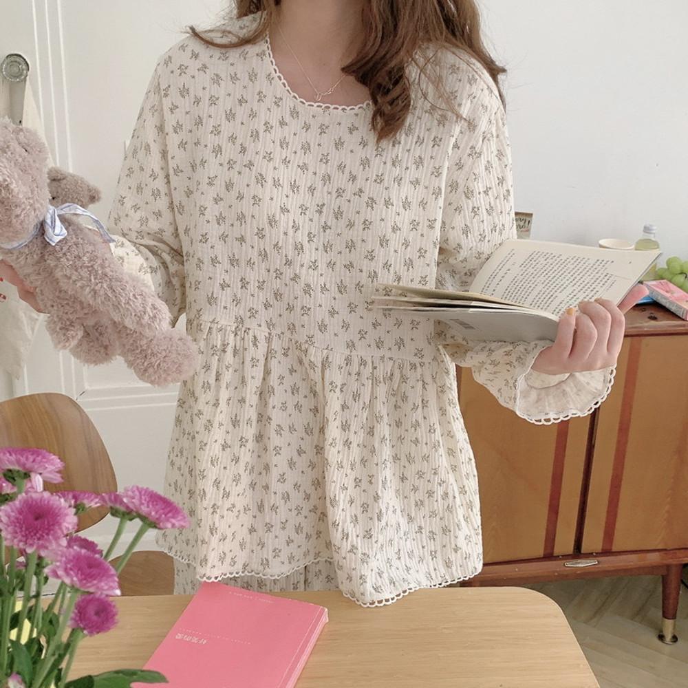 플레어 브라운 잎새 잔꽃 레이스 순면 요루면 여성잠옷 데일리 신혼 파자마 실내복 홈웨어