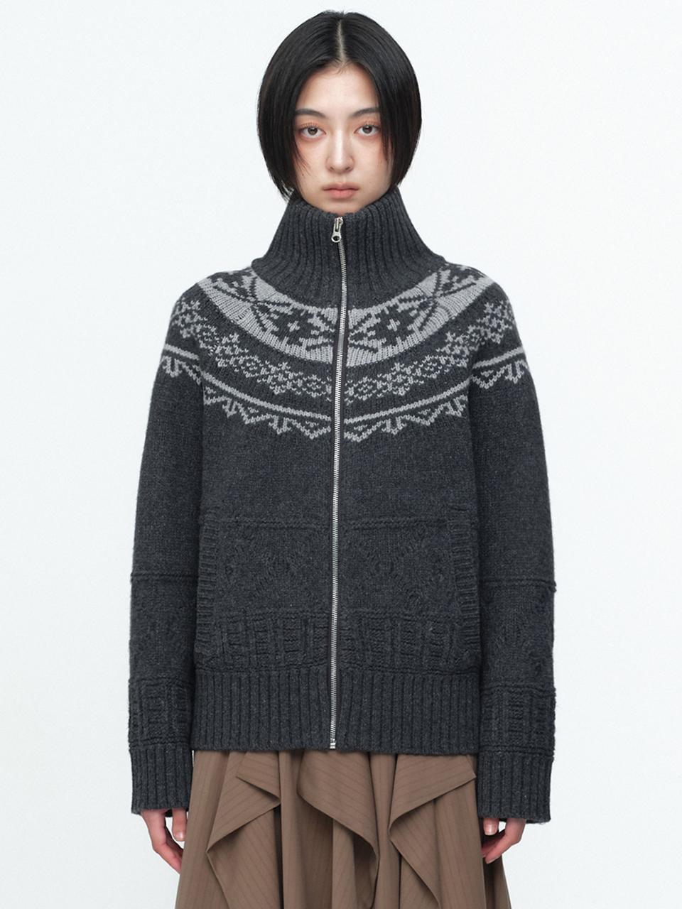 Turtleneck Cowichan Knit Zip-Up [Deep Charcoal]