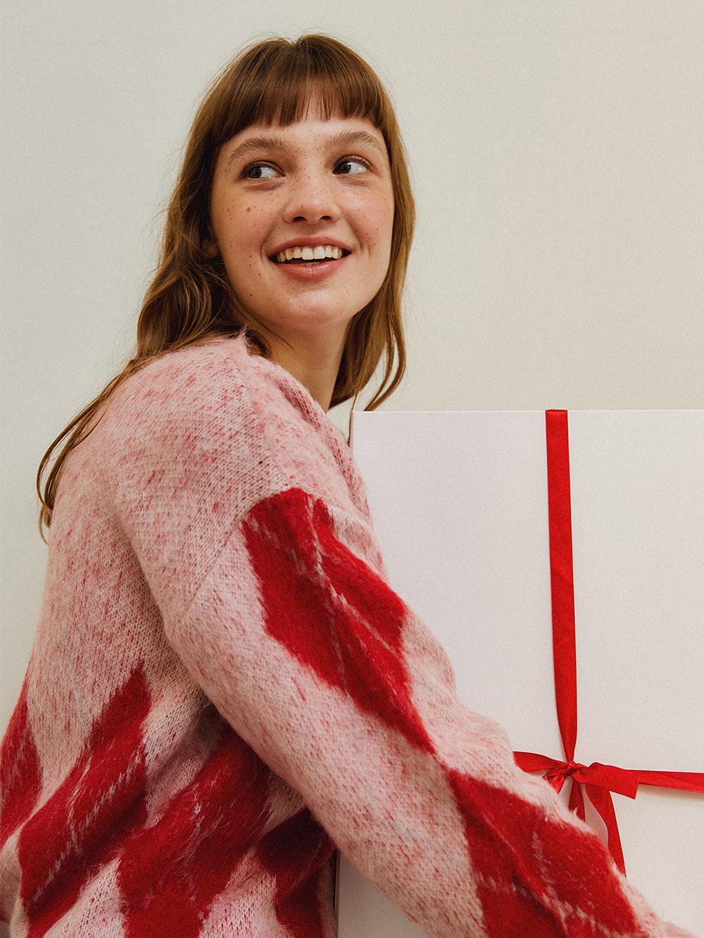 hairy argyle check knit - pink