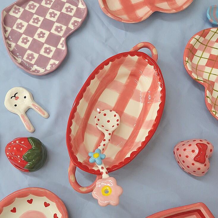 핑크 체크 손잡이 타원볼