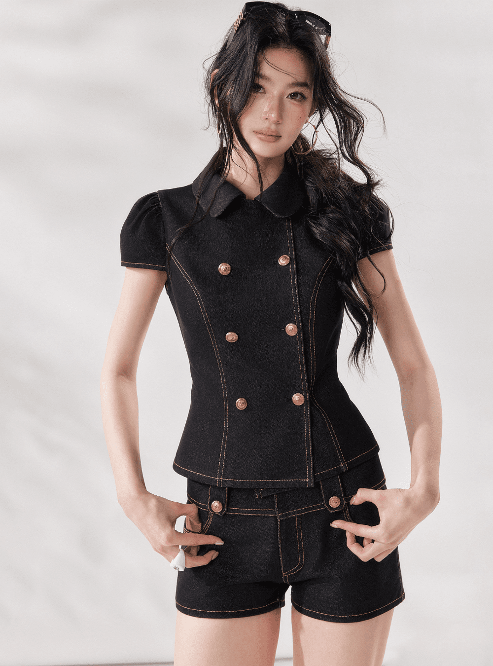 Black Doll Collar Denim & Shorts