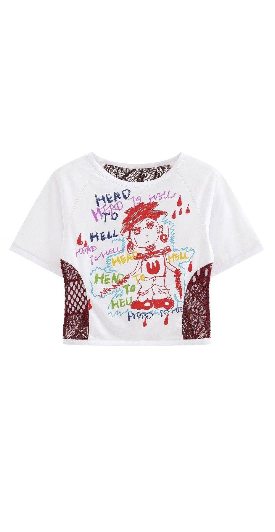 Cartoon Print Grid Stitch Tight T-Shirt【s0000003896】