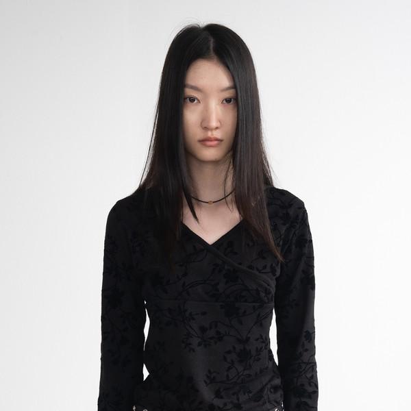 Velvet Flower V Neck Top (Black)