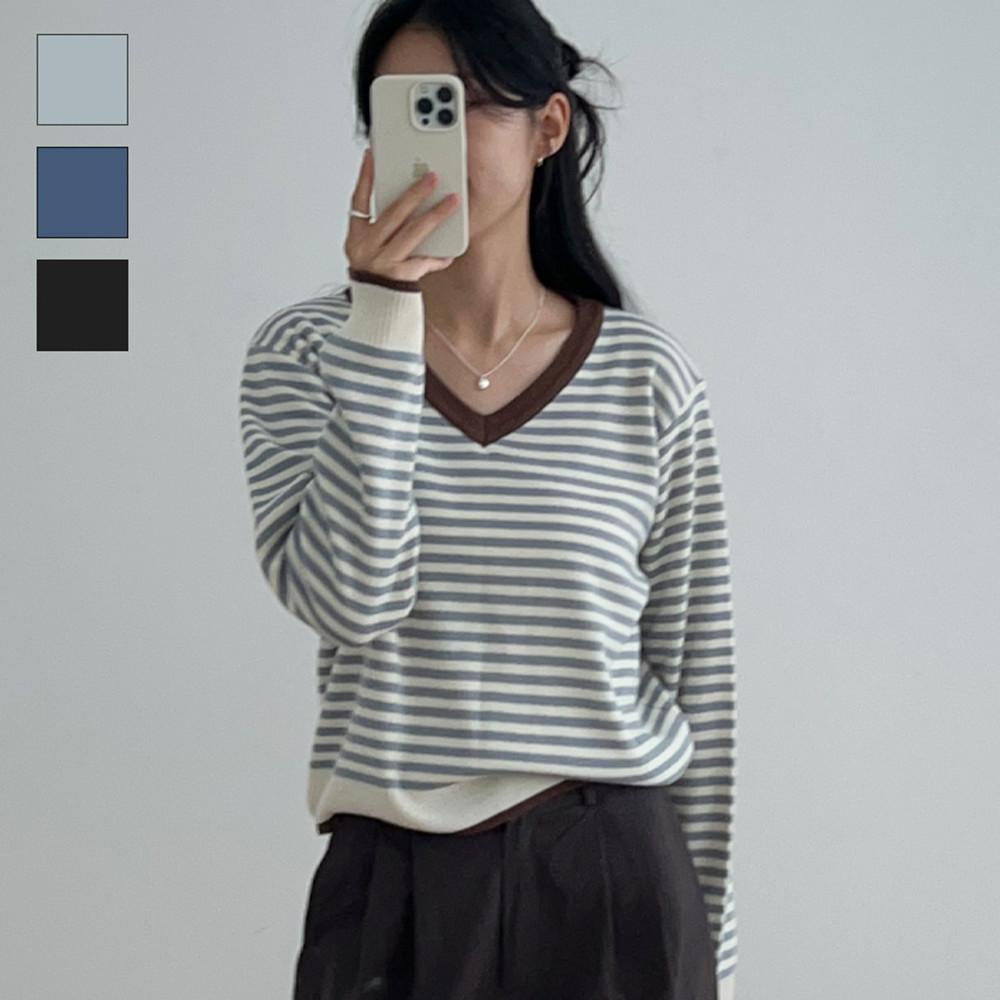 마르 브이넥니트 단가라 스트라이프 브이넥단가라 배색