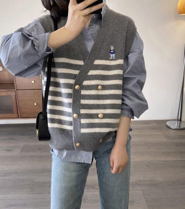 [당일출고]수엠W 스트라이프 니트 베스트 S160 더블단추조끼