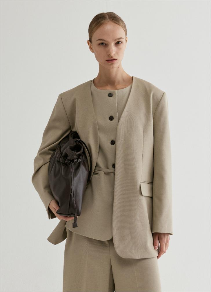 Collarless Tailored Jacket Beige