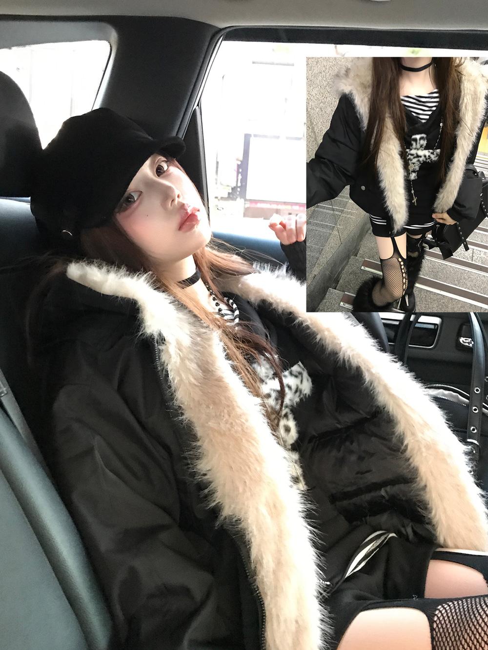 나코미 페미닌 후드 퍼 절개 봄버(2color)