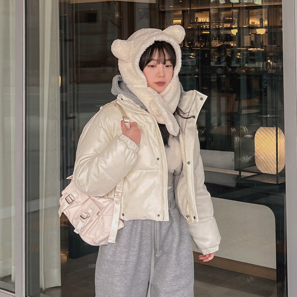 무배🚀[실물보장💕밑단조절] 하이넥 빵빵 웰론 무광 레더 가죽 크롭 숏 패딩 밴딩 지퍼 히든 버튼 포켓 글로시 겨울 아우터 점퍼 데일리 4COL