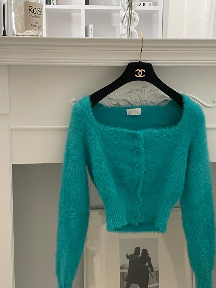 앙고라 크롭 니트 스퀘어넥 가디건