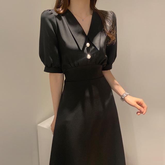 행사특가(메르가넷제작)브이넥 카라 진주단추 롱 플레어 하객 봄 여름원피스