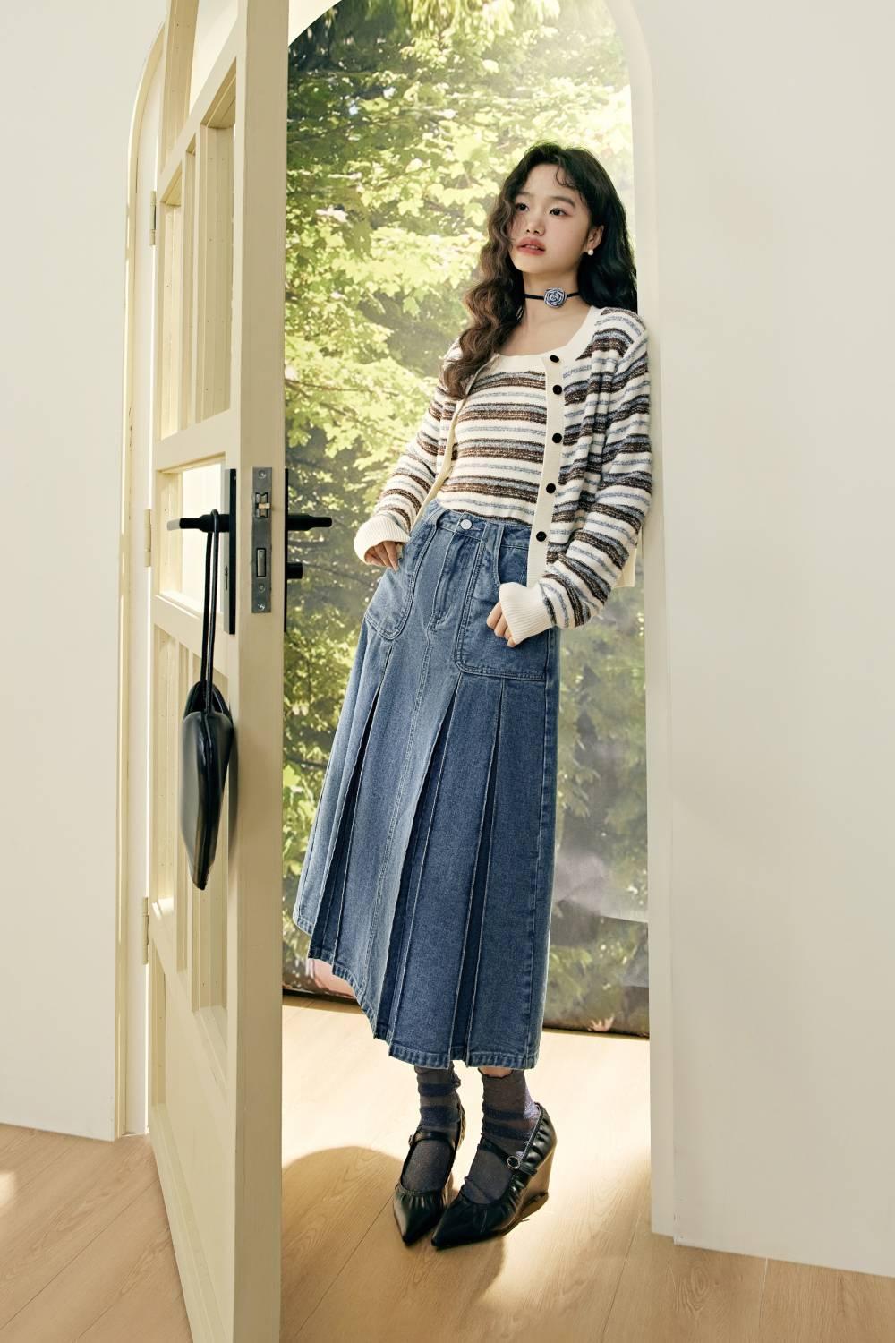 데님 플리츠 스커트