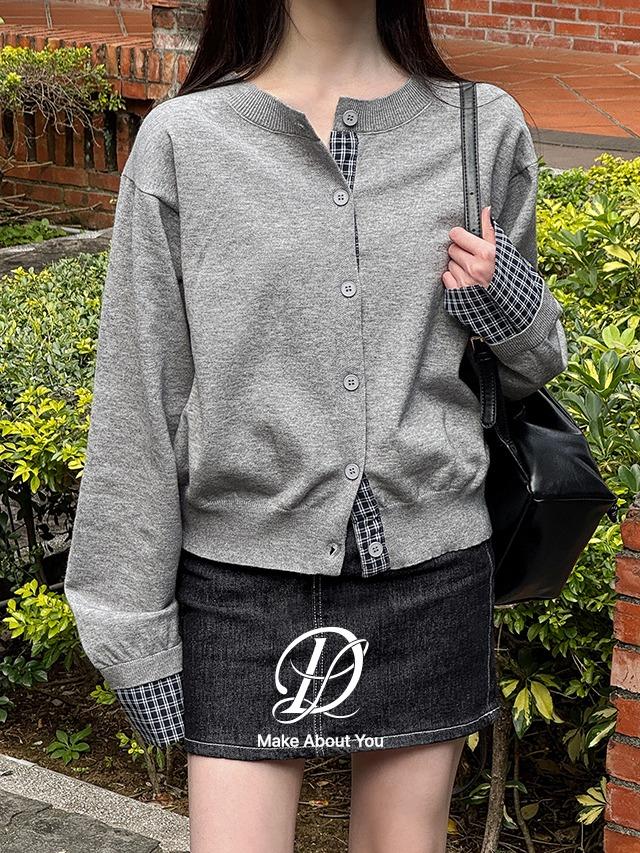 당당걸 [MADE] 빅사이즈 44-110 나엘 체크 셔츠 배색 오버핏 세미 크롭 레이어드 긴팔 니트 가디건 하객룩