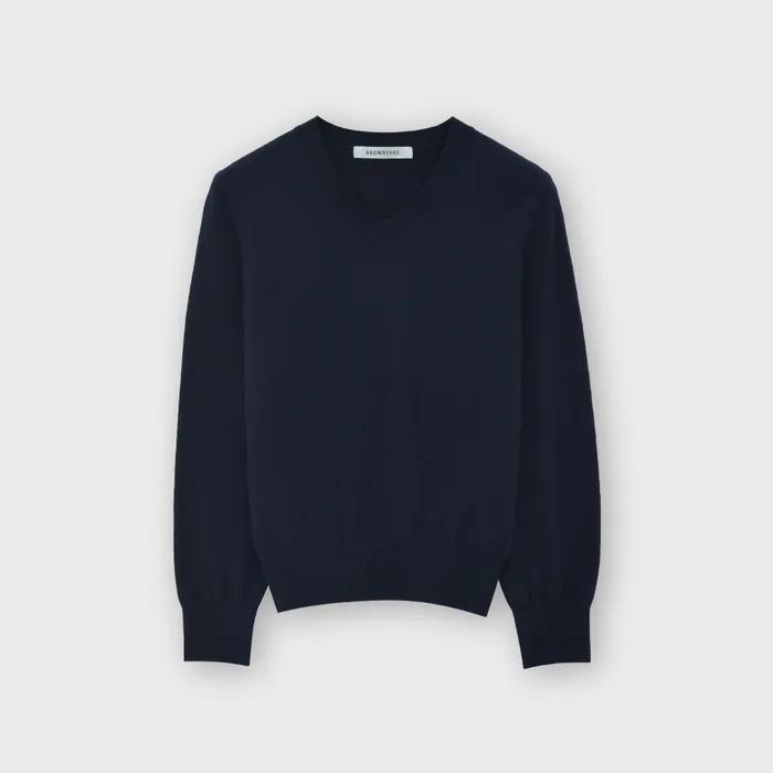 W Extra Super Fine V Neck Knit, Dark Navy