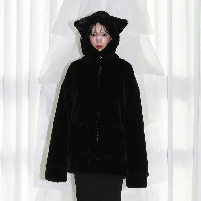 Cat Ear Fur Jacket - BLACK