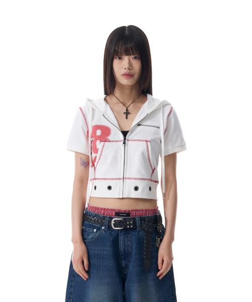 Hooded Eyelet Half Zip-Up (White)