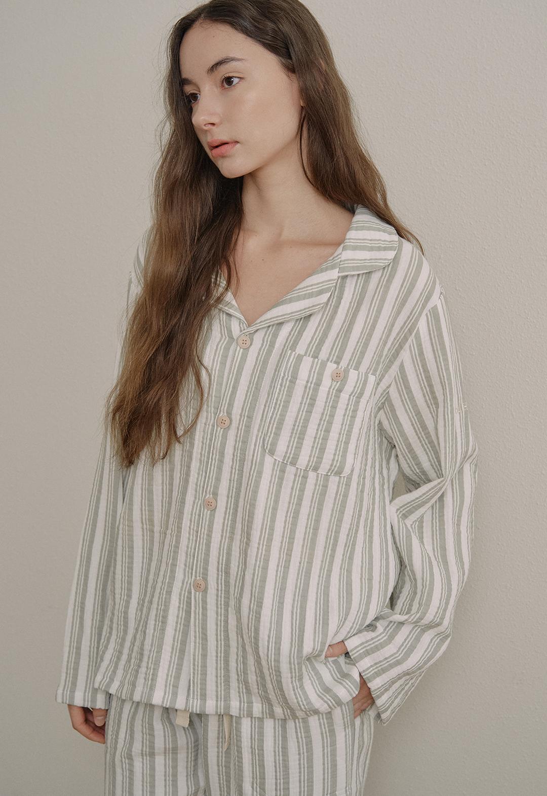 Stripe Pattern Basic Pajama Set (green)