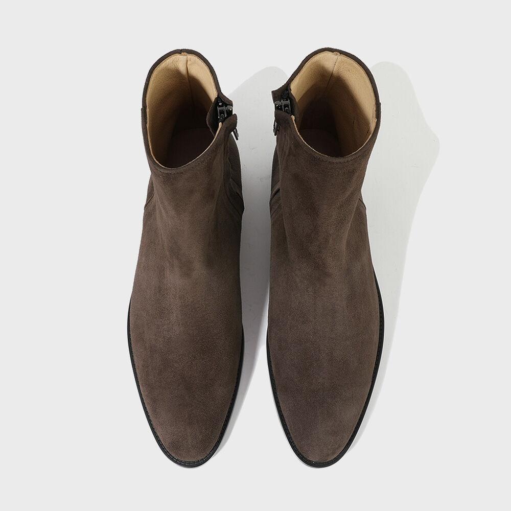[주문제작] 히든지퍼 디테일 슬림토 스웨이드 앵클부츠 3343-QS / DARK BROWN