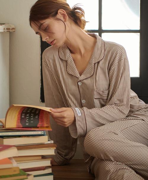 여성 데이니 체크 피치기모 긴팔 커플 잠옷 세트 3colors