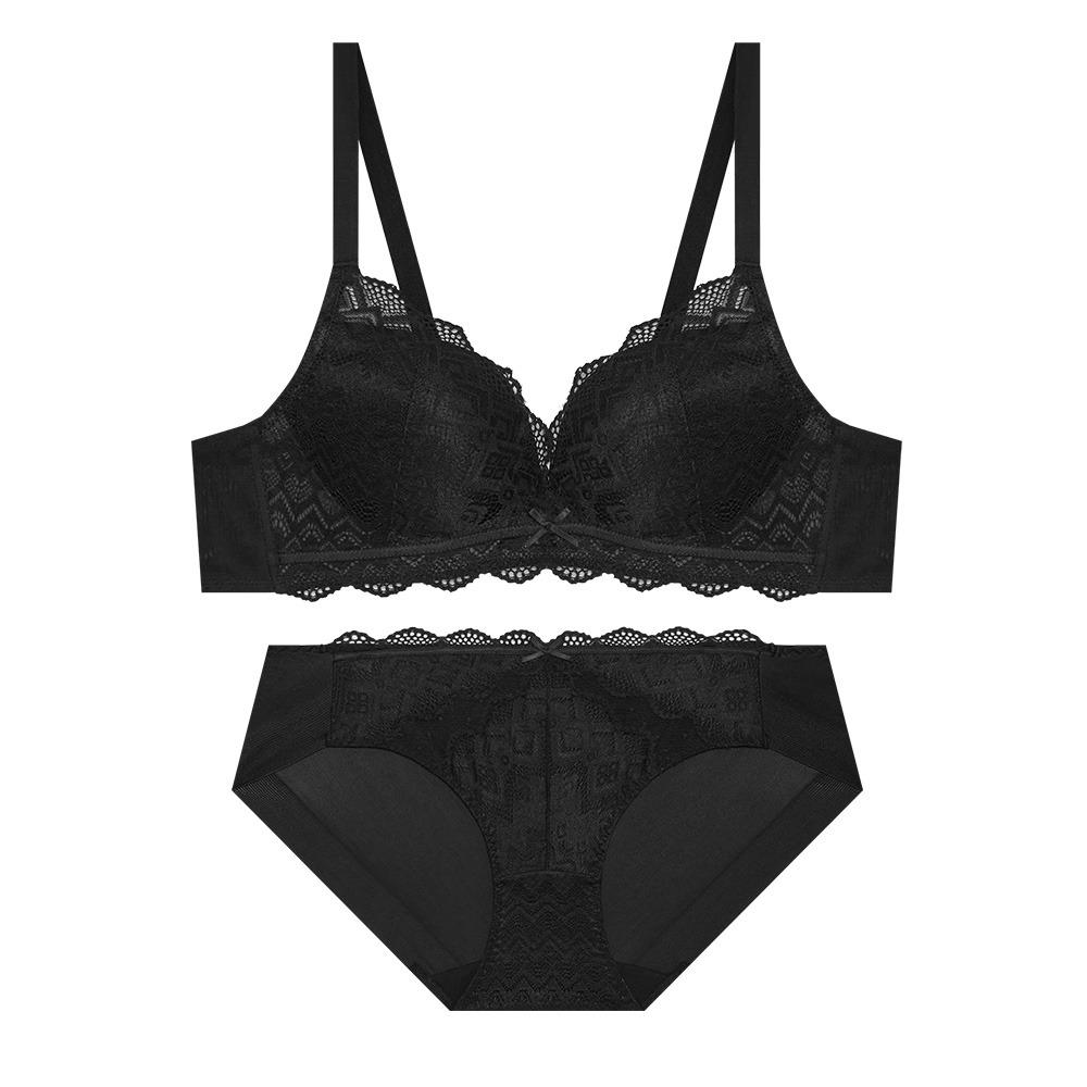 걸리 더블 볼륨 노와이어 브라 팬티 세트 - 블랙