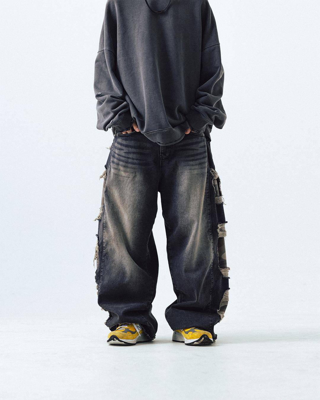 Camo Mix Damage Denim Pants - Black Denim