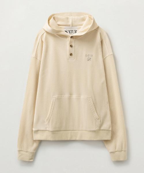 하프 버튼 와플 후드 티셔츠 크림