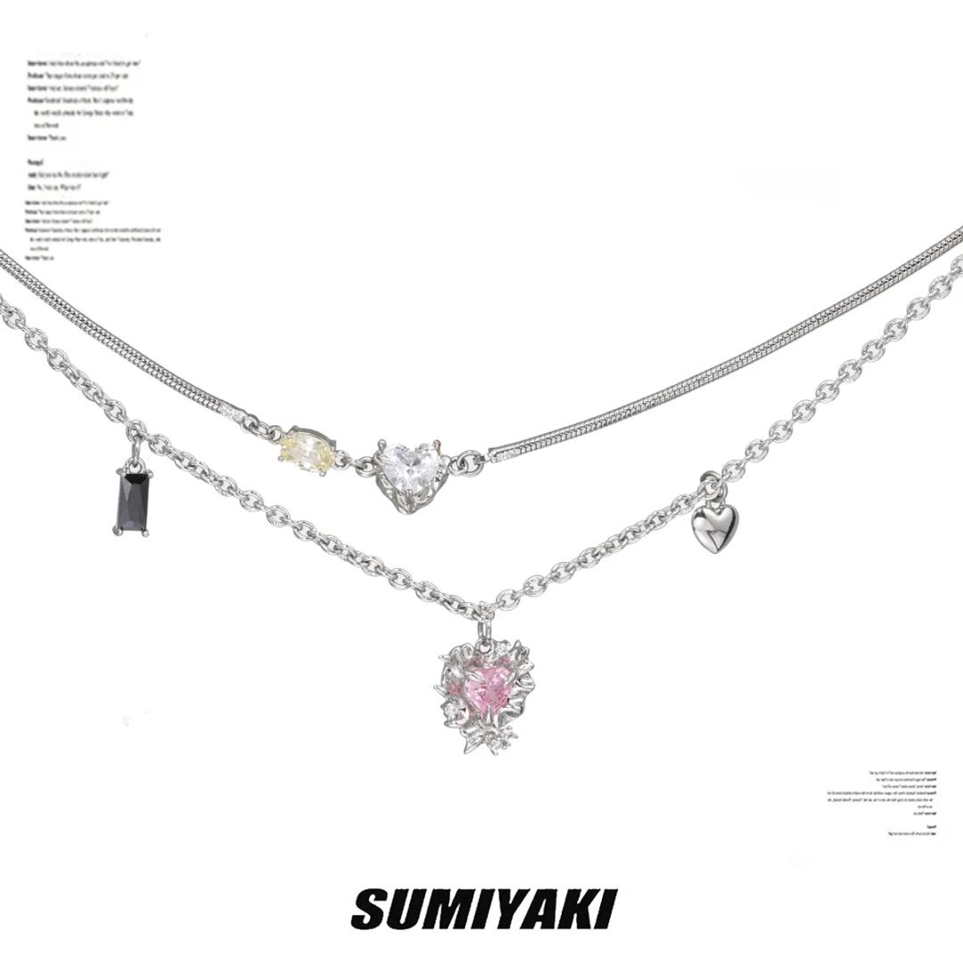 SUMIYAKI原創小眾設計高級感多層彩鑽蛇骨鏈愛心雙層疊帶項鍊