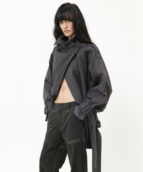 WASHED COTTON HIGH-NECK HALF TRENCH COAT CHARCOAL