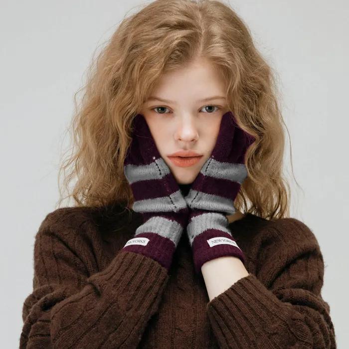 [WOOL100] STRIPE TWO TONE KNIT GLOVES_PURPLE