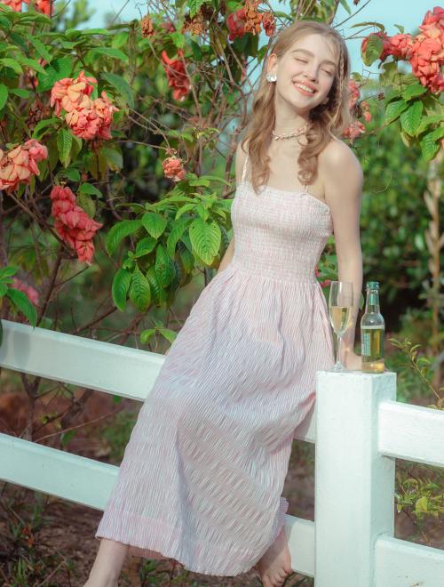 아이엠클레어(IMCLAIRE)  스모킹 롱 원피스 핑크 스트라이프 - 사이즈 & 후기 | 무신사