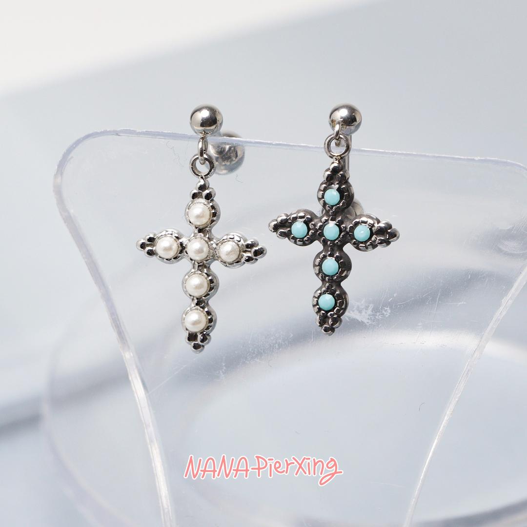 써지컬스틸 원석 십자가 드롭 피어싱, 귀걸이-2color