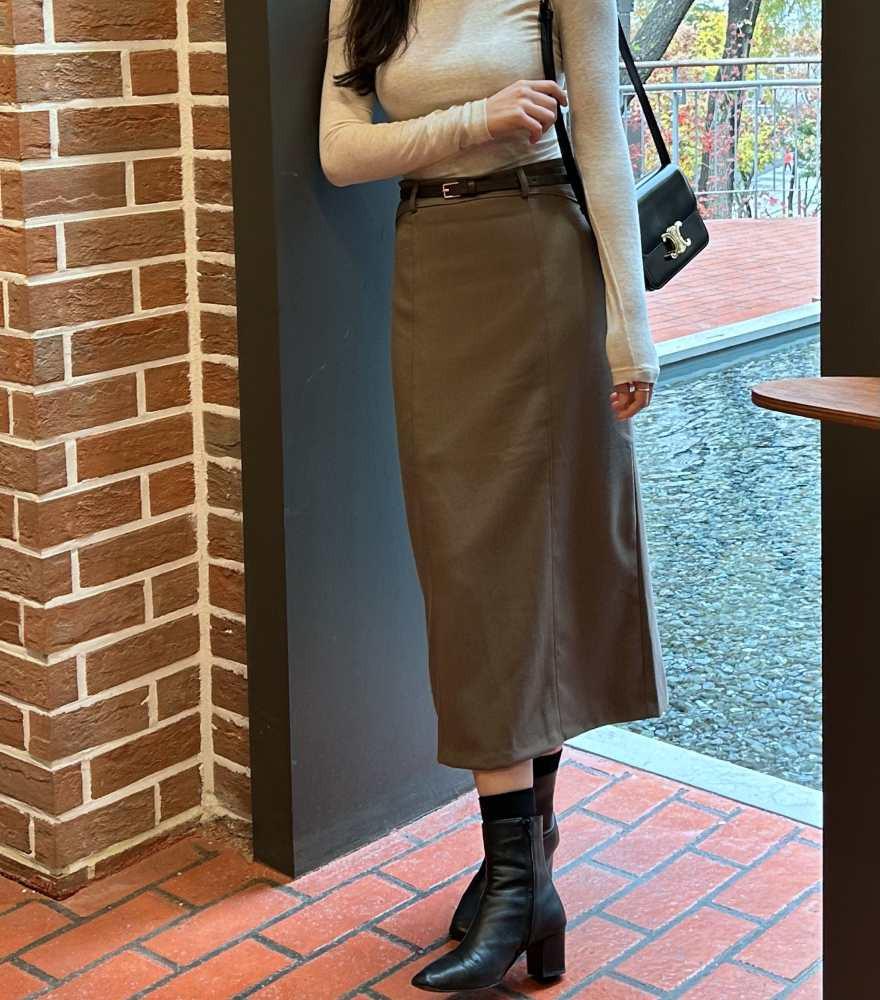 모던 H라인 슬림 롱 스커트-벨트set (베이지 브라운)