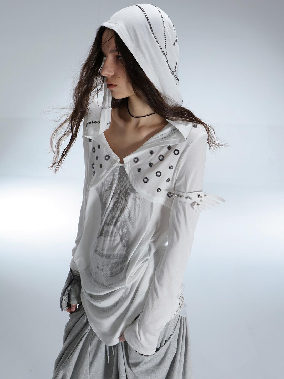 Double Punch Hooded Drape Layered Base Long Sleeve