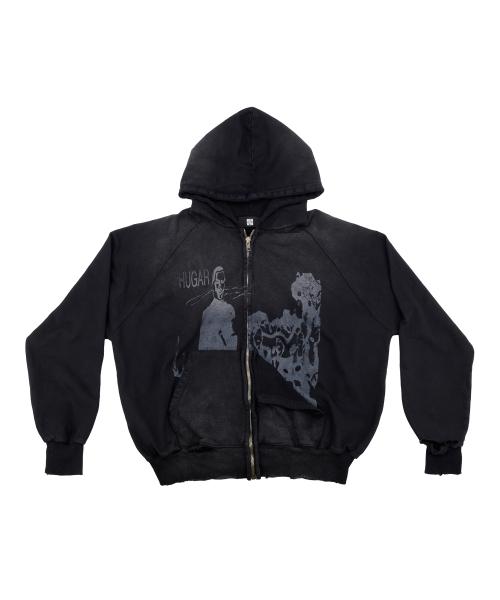 HUGAR Vintage Thrashed Zip Up Hoodie - Washed Black