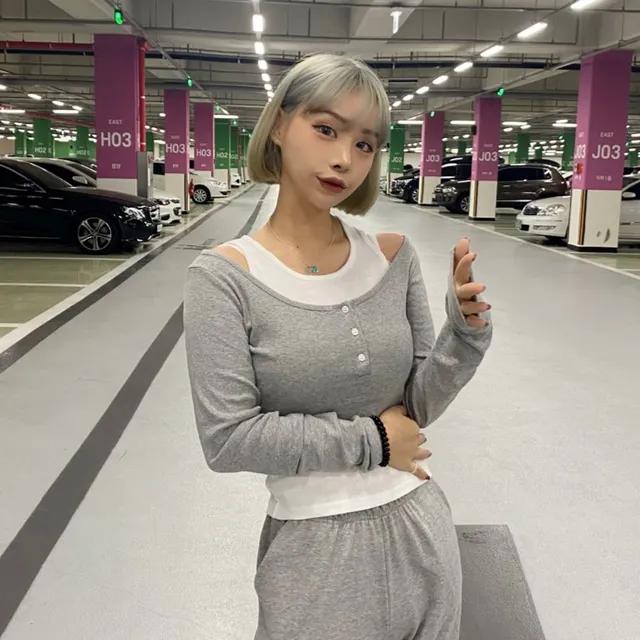 [5컬러/1+1특가!] 모던 단추 골지 크롭 기본 긴팔 티