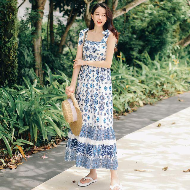 [당일출고]앤틱 리본 비치 원피스 여름 신혼여행 휴양지 에스닉 블루 롱 드레스