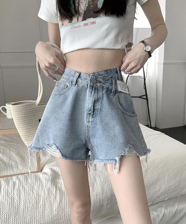 사선 데미지 데님 반바지