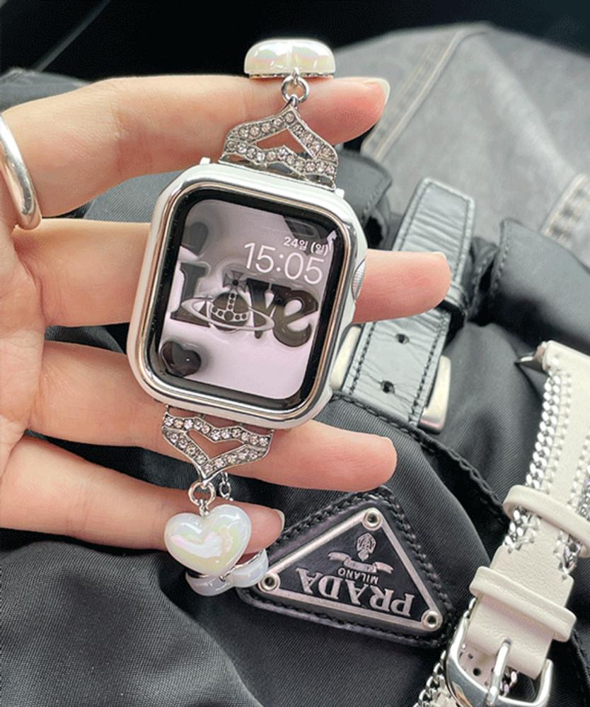 애플워치 하트 큐빅 팔찌 스트랩 여성 화려한 로즈골드 핑크 가벼운 발레코어