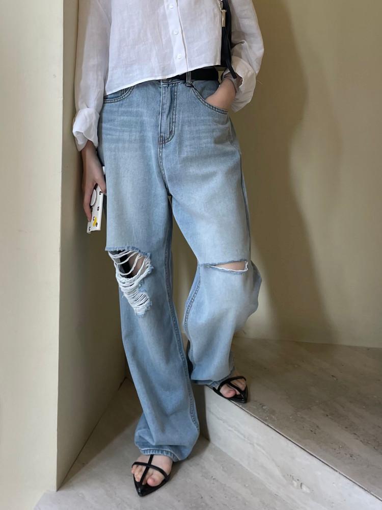 빈티지 여성 여자 하이웨스트 일자 와이드 데님 찢어진 청바지 연청 찢청