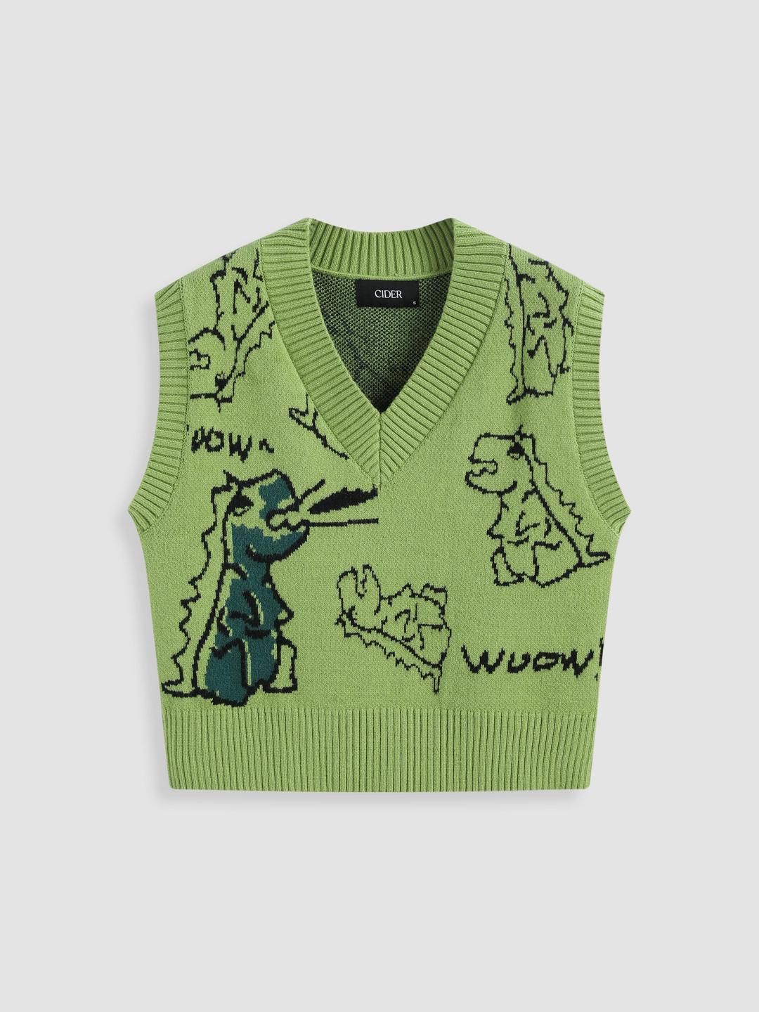 Dinosaur Pattern V-neck Knitted Vest